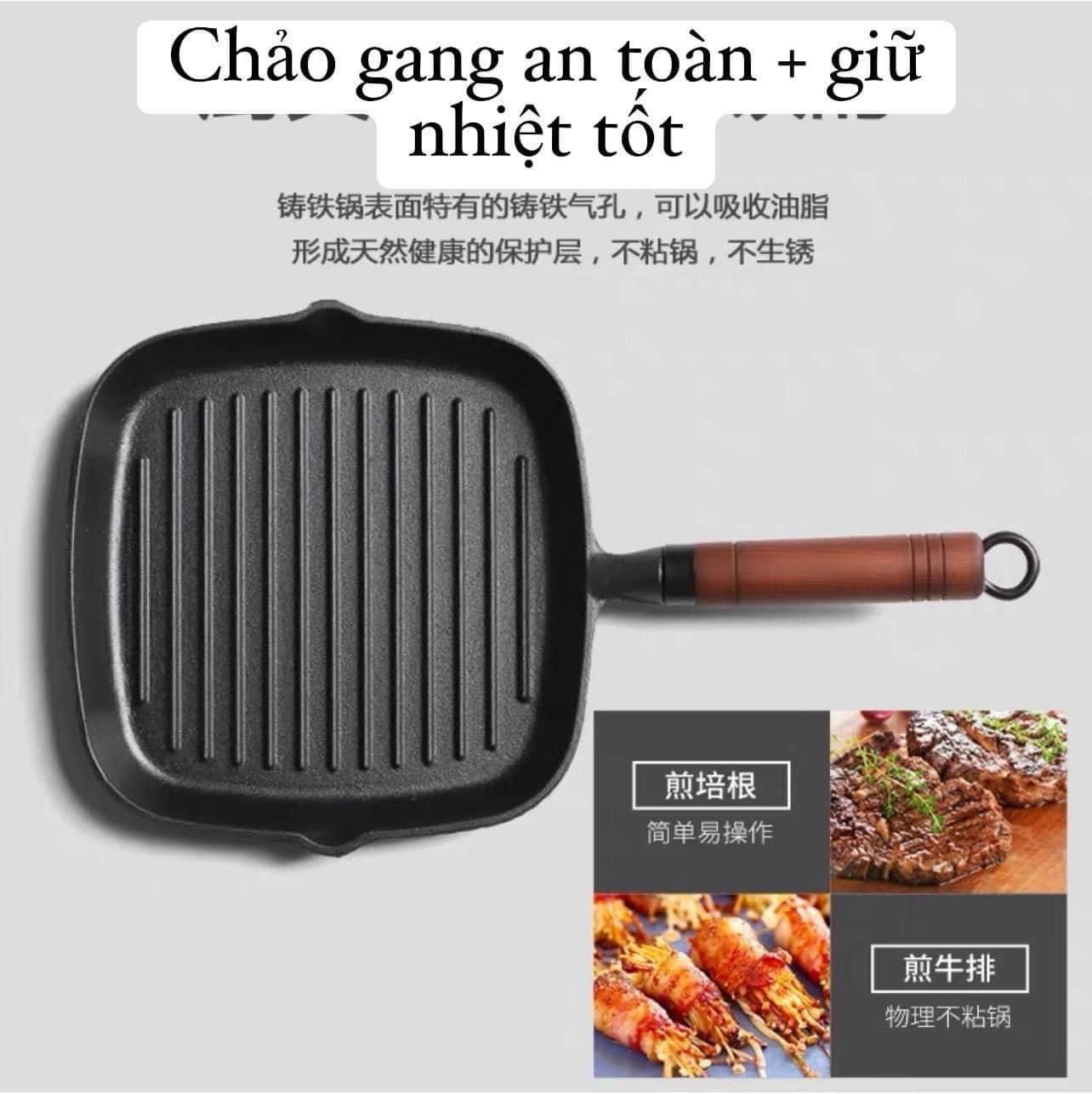 CHẢO GANG NƯỚNG BBQ CÁN GỖ 22CM 